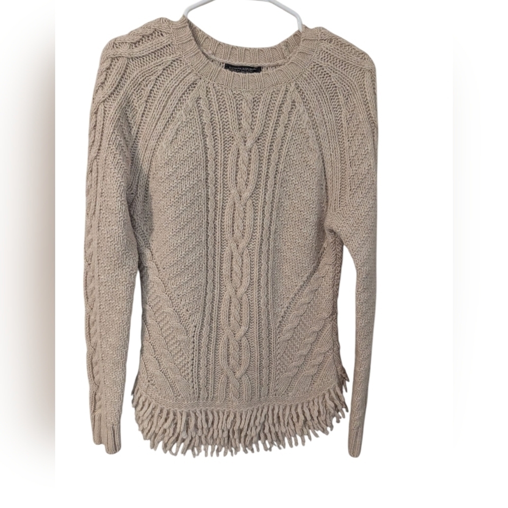 Banana Republic,Beige Cable Knit Fringe Sweater, Size M - Picture 2 of 5